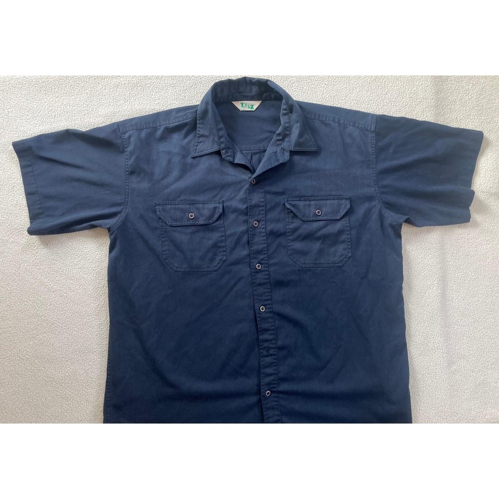Vintage 80s 90s Key Mens 2XL Short Sleeve Work Shirt Navy Blue Button Down Flaw
